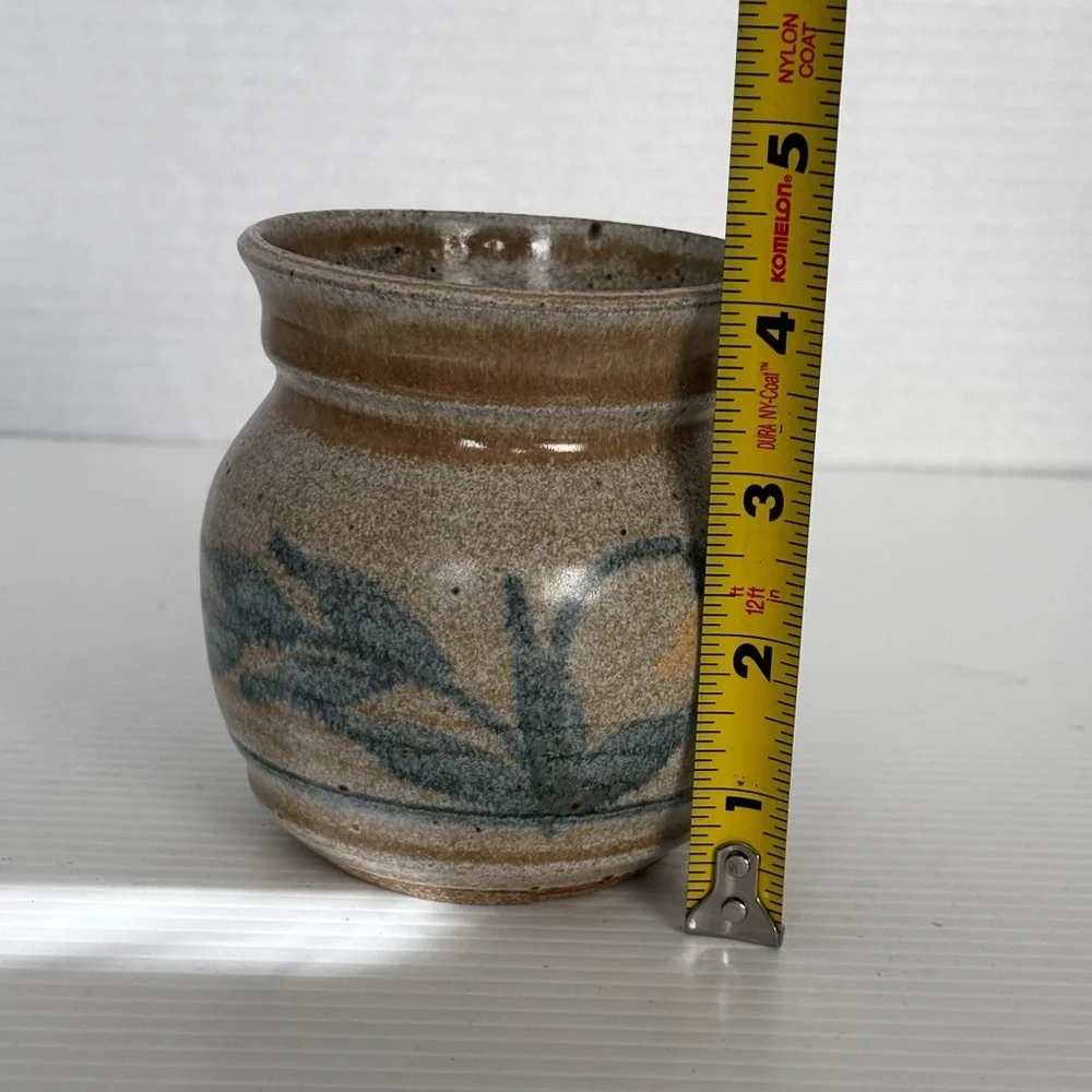 Artist Signed Studio Pottery Vase Pot Brown Teal Yellow Stripes 4x3.5”